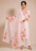 Blush Pink Floral Printed Kurta Pant Set with Dupatta