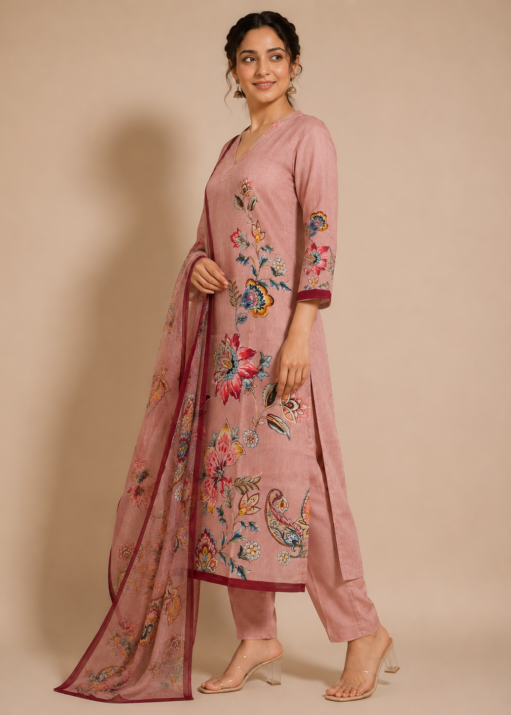 Blush Pink Floral Printed Khadi Cotton Kurta Pant Set with Printed Dupatta