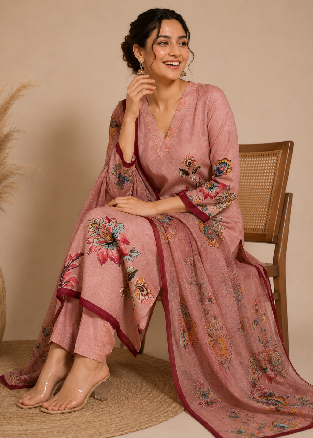 Blush Pink Floral Printed Khadi Cotton Kurta Pant Set with Printed Dupatta