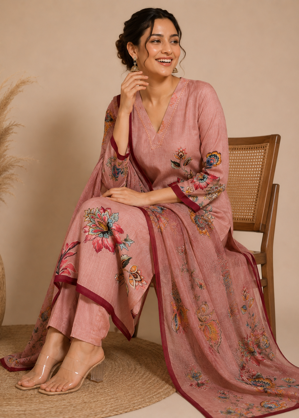 Blush Pink Floral Printed Khadi Cotton Kurta Pant Set with Printed Dupatta