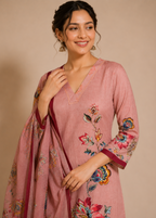 Blush Pink Floral Printed Khadi Cotton Kurta Pant Set with Printed Dupatta