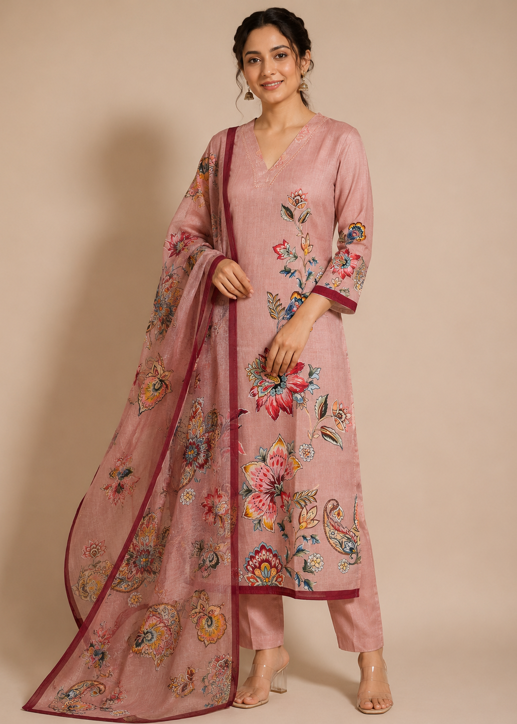 Blush Pink Floral Printed Khadi Cotton Kurta Pant Set with Printed Dupatta