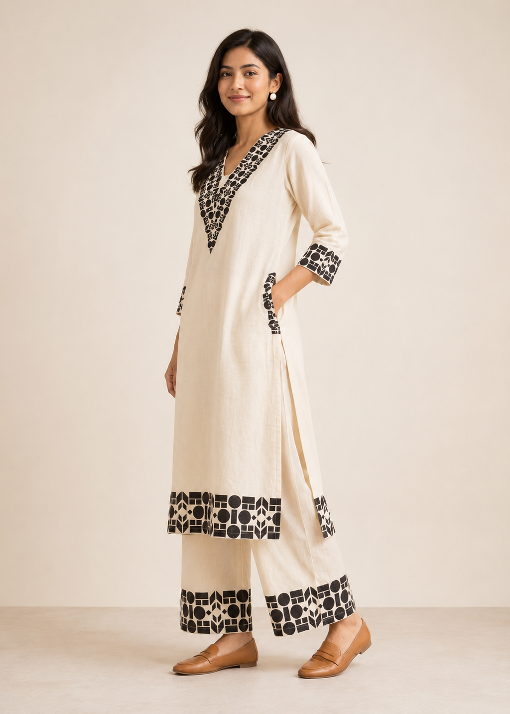 Ivory White Geometric Printed Kurta Pant Set for Women