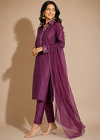 Royal Purple Embellished Kurta Pant Set with Organza Dupatta