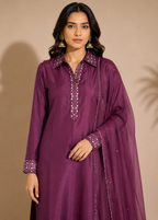 Royal Purple Embellished Kurta Pant Set with Organza Dupatta