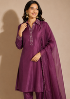 Royal Purple Embellished Kurta Pant Set with Organza Dupatta