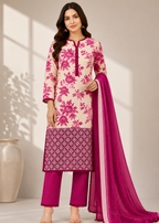 Ivory & Rani Pink Floral Printed Kurta Pant Set with Organza Dupatta
