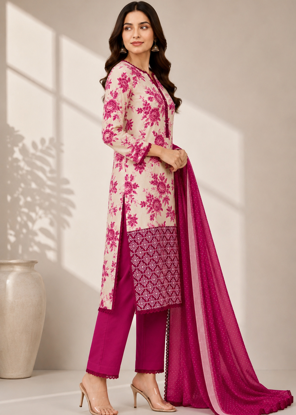 Ivory & Rani Pink Floral Printed Kurta Pant Set with Organza Dupatta