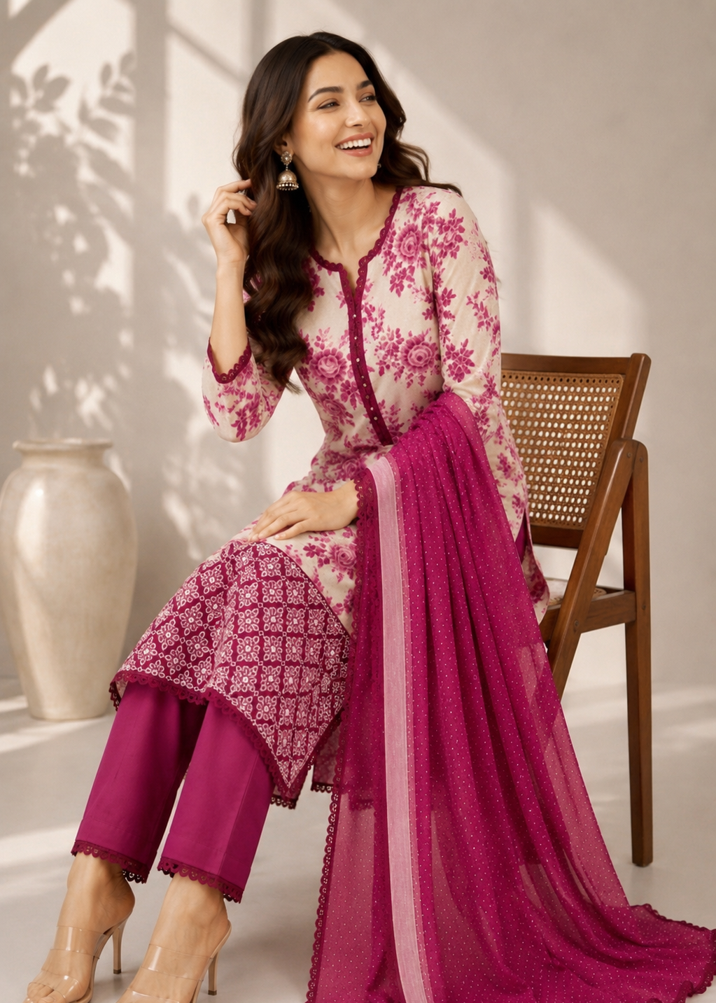 Ivory & Rani Pink Floral Printed Kurta Pant Set with Organza Dupatta