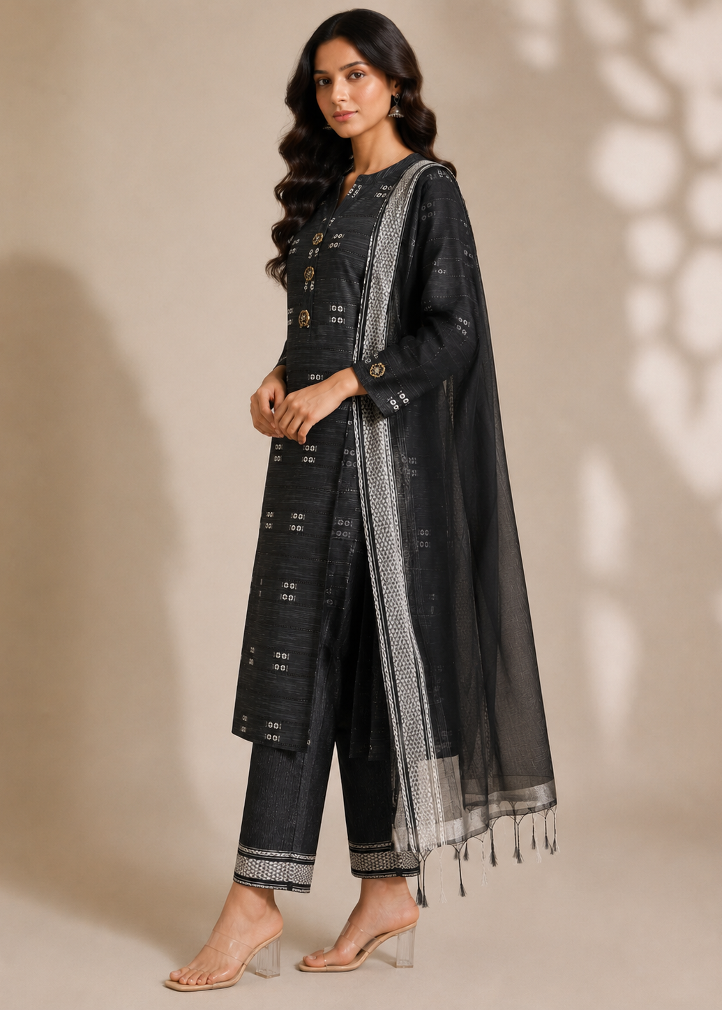 Black Printed Straight Kurta Pant Set with Organza Dupatta