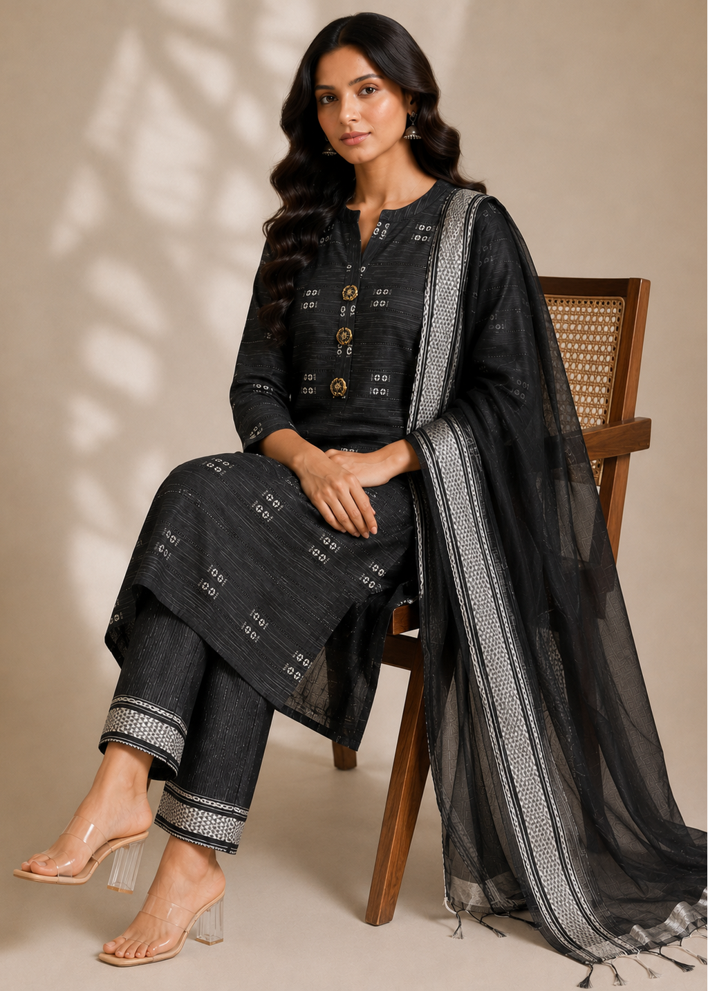 Black Printed Straight Kurta Pant Set with Organza Dupatta