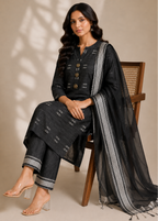 Black Printed Straight Kurta Pant Set with Organza Dupatta