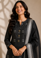Black Printed Straight Kurta Pant Set with Organza Dupatta