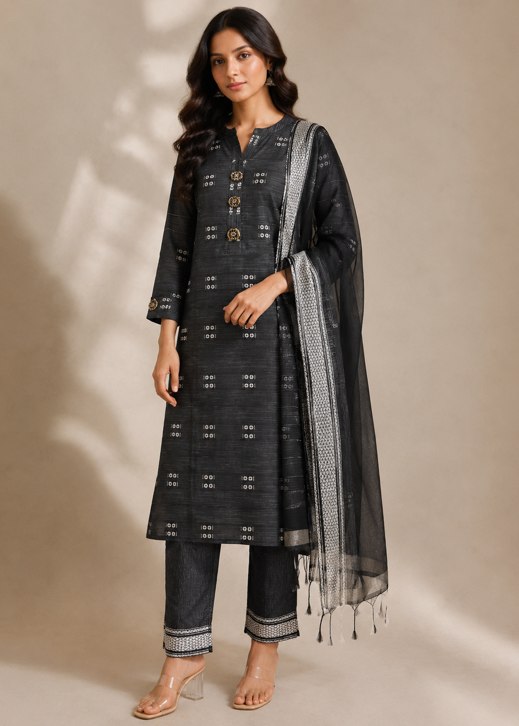 Black Printed Straight Kurta Pant Set with Organza Dupatta