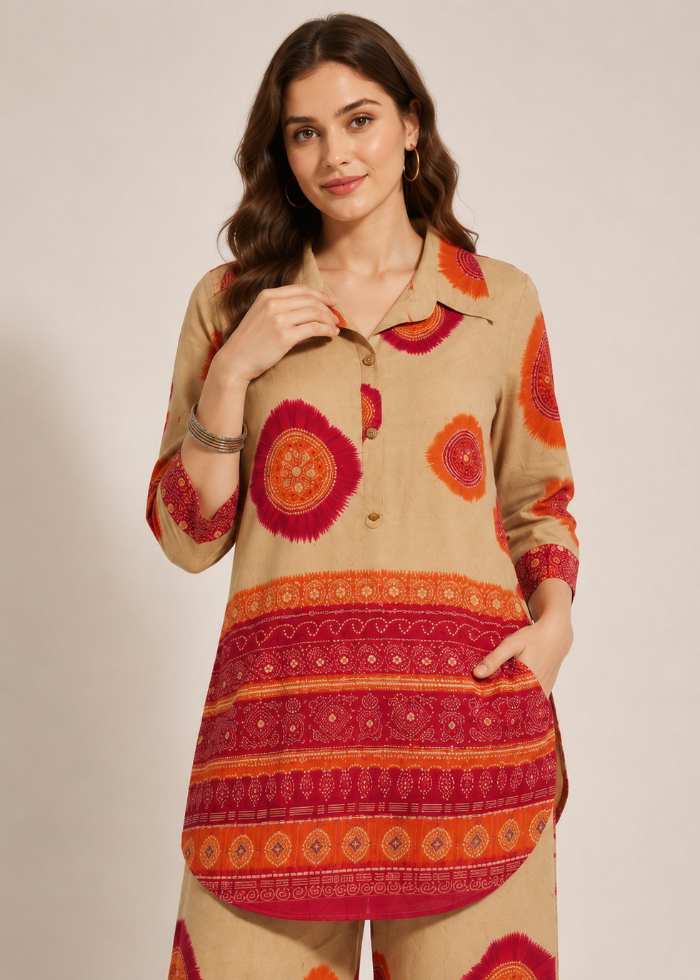 A woman modeling a beige long-sleeve kurta with vibrant red and orange geometric and circular patterns, paired with matching beige trousers, against a plain beige studio background.