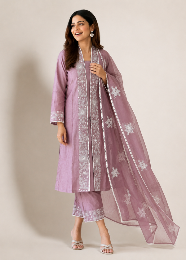 Lavender Cotton Embroidered Kurta Set with Embroidered Organza Dupatta