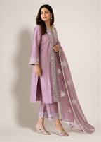 Lavender Cotton Embroidered Kurta Set with Embroidered Organza Dupatta