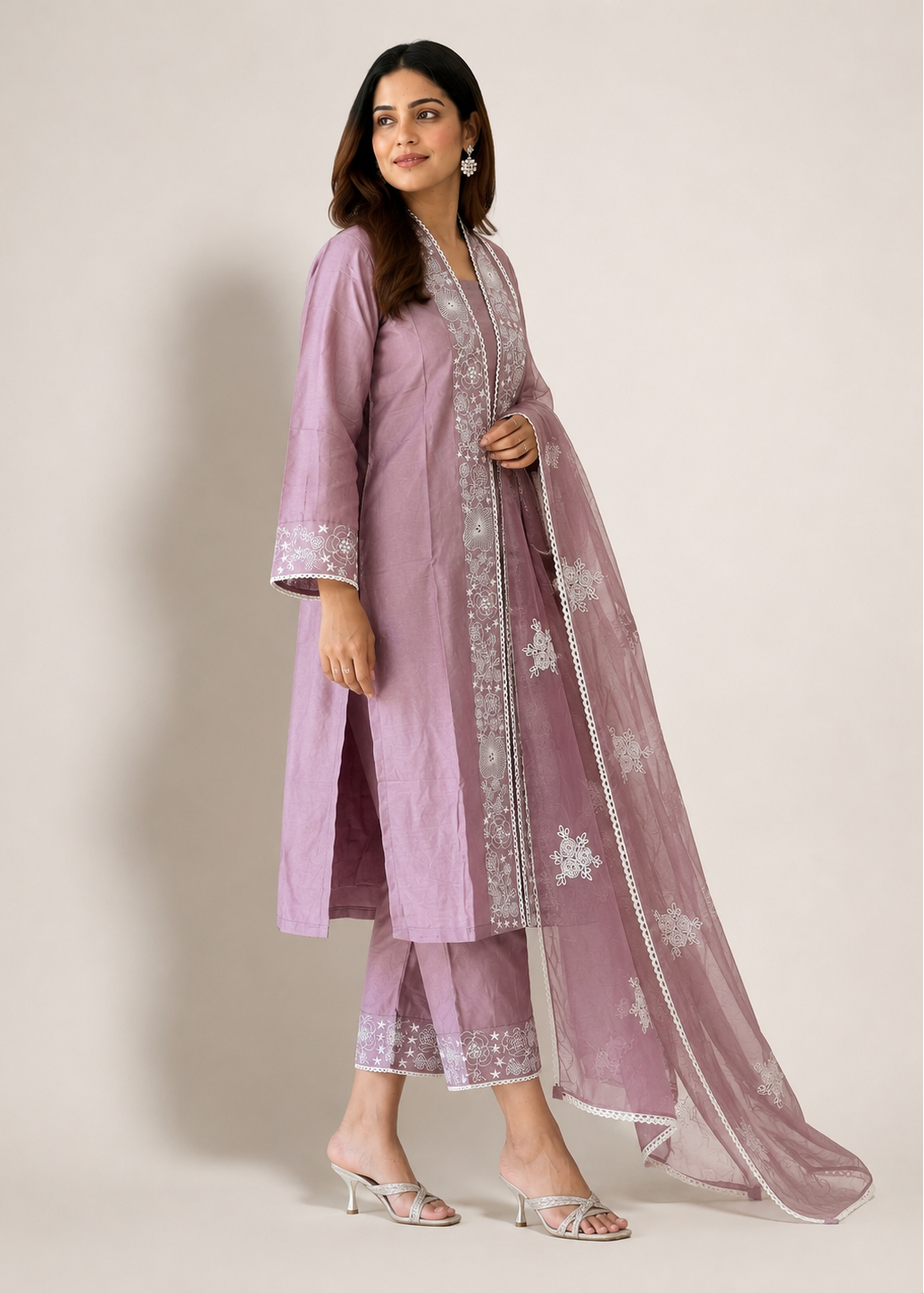Lavender Cotton Embroidered Kurta Set with Embroidered Organza Dupatta