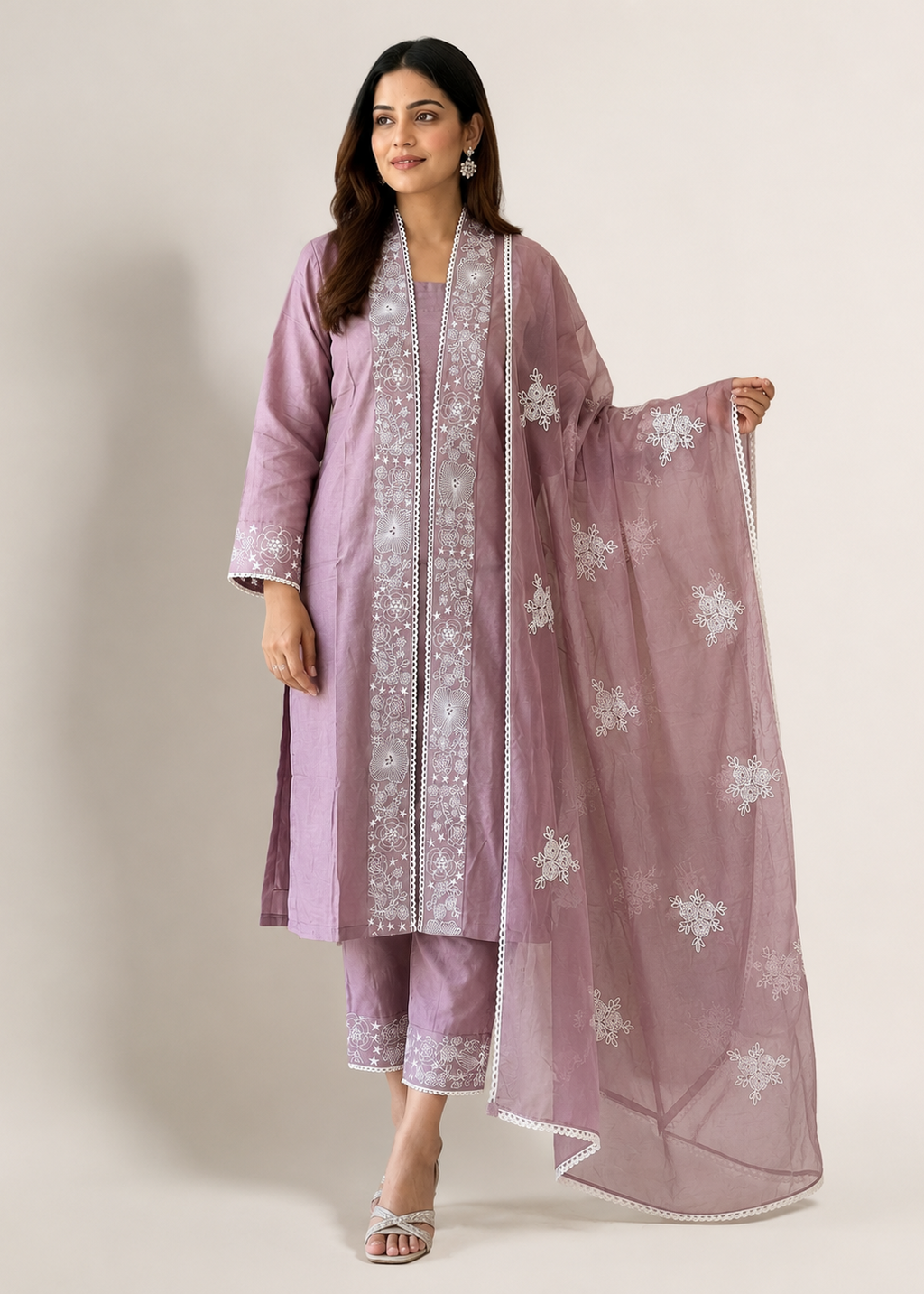 Lavender Cotton Embroidered Kurta Set with Embroidered Organza Dupatta