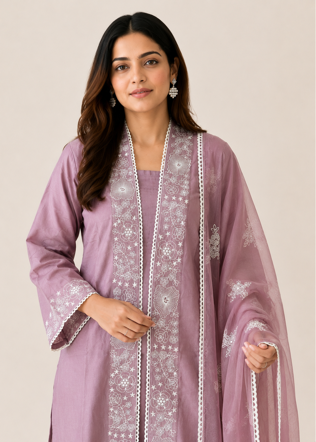 Lavender Cotton Embroidered Kurta Set with Embroidered Organza Dupatta