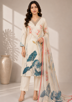 Ivory Floral Printed Kurta Set with Organza Dupatta