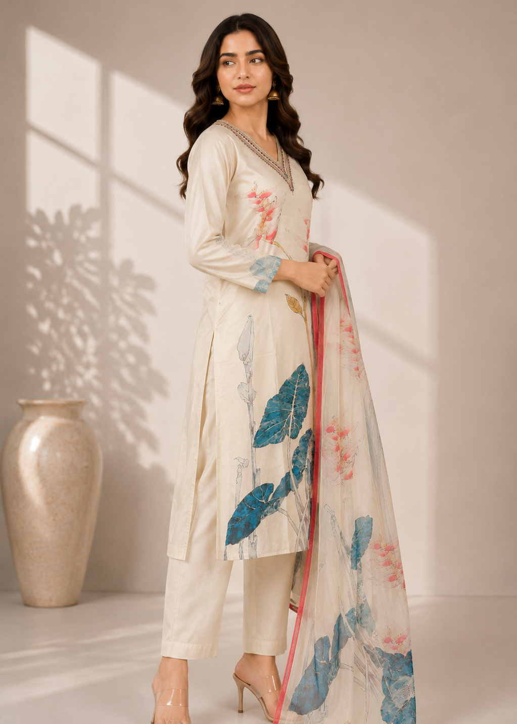 Ivory Floral Printed Kurta Set with Organza Dupatta