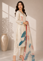Ivory Floral Printed Kurta Set with Organza Dupatta