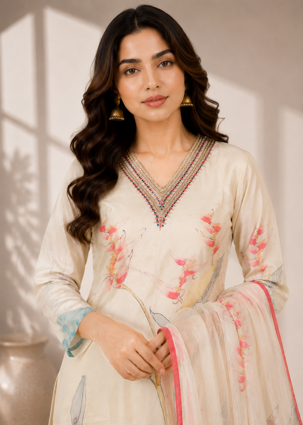 Ivory Floral Printed Kurta Set with Organza Dupatta