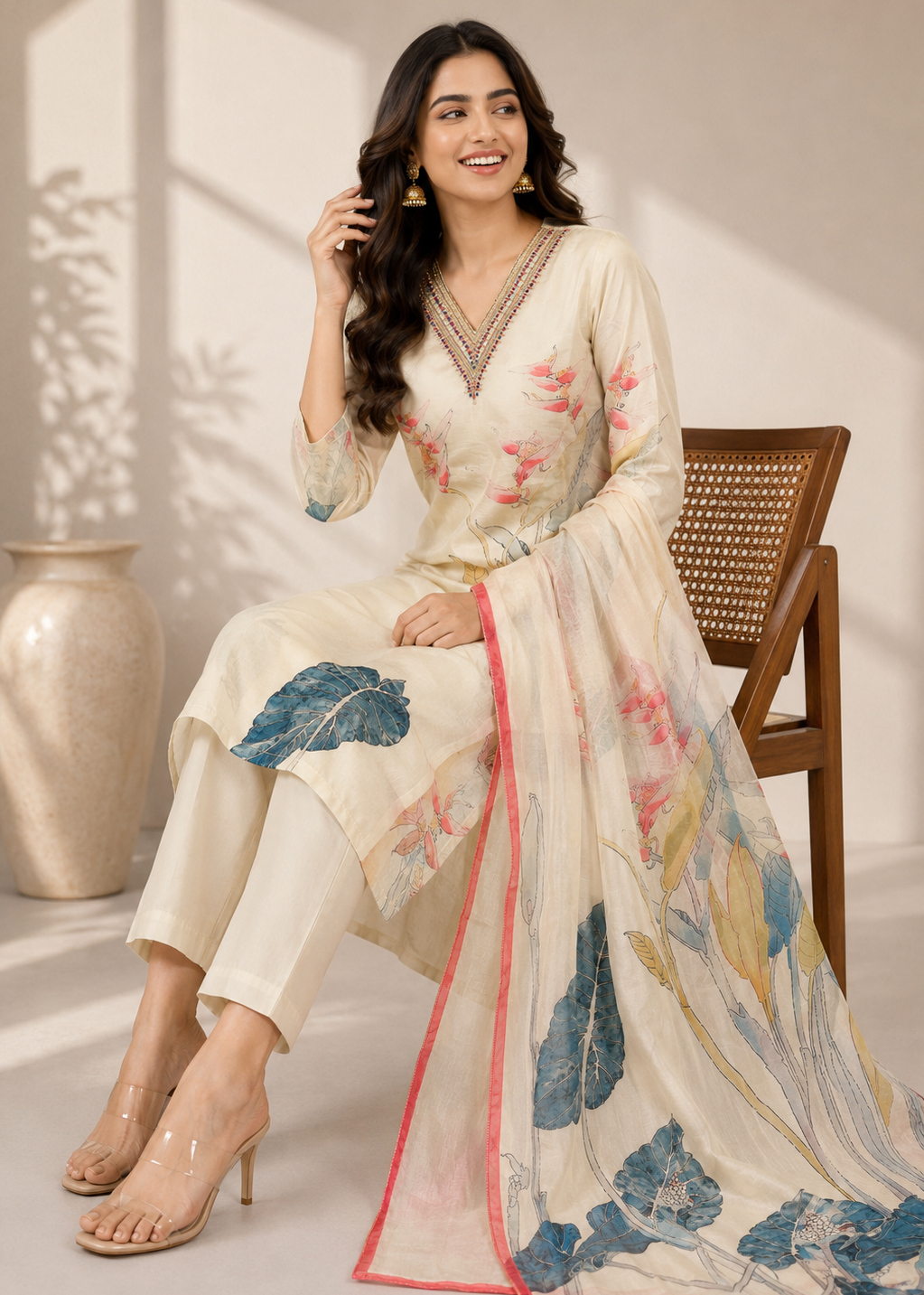 Ivory Floral Printed Kurta Set with Organza Dupatta