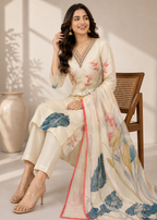 Ivory Floral Printed Kurta Set with Organza Dupatta