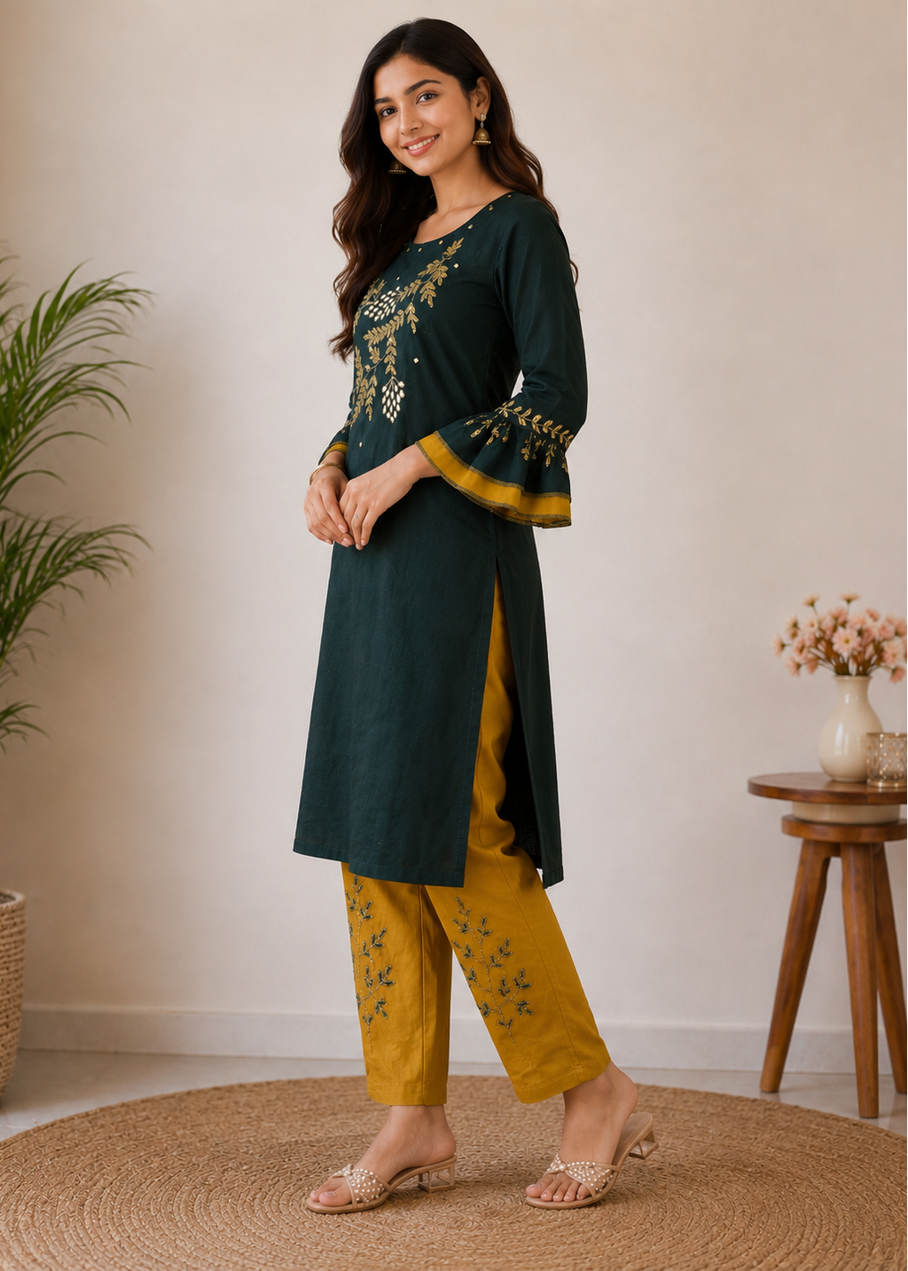 Emerald Green Embroidered Kurta Set with Mustard Pants