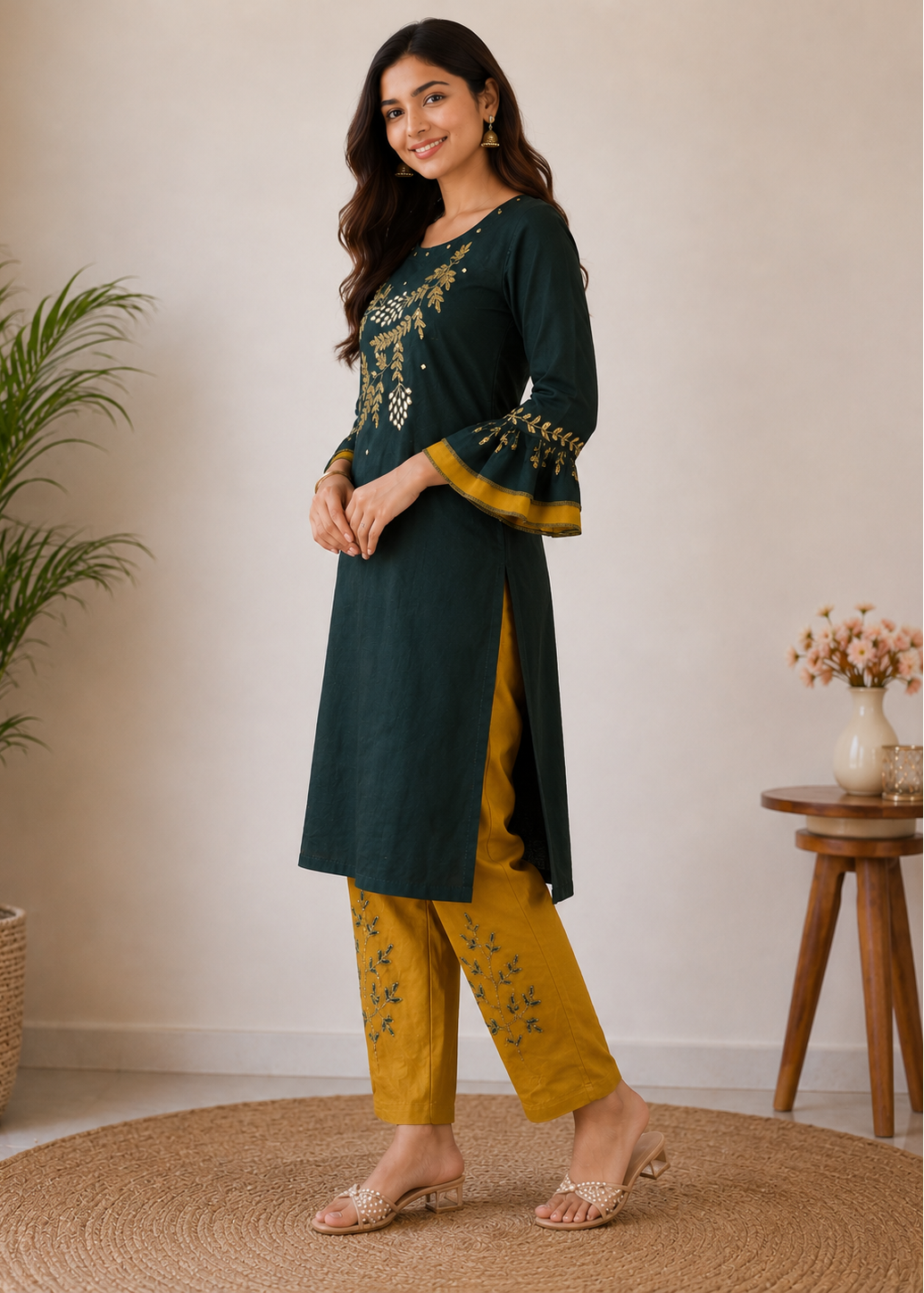 Emerald Green Embroidered Kurta Set with Mustard Pants