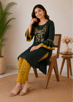 Emerald Green Embroidered Kurta Set with Mustard Pants