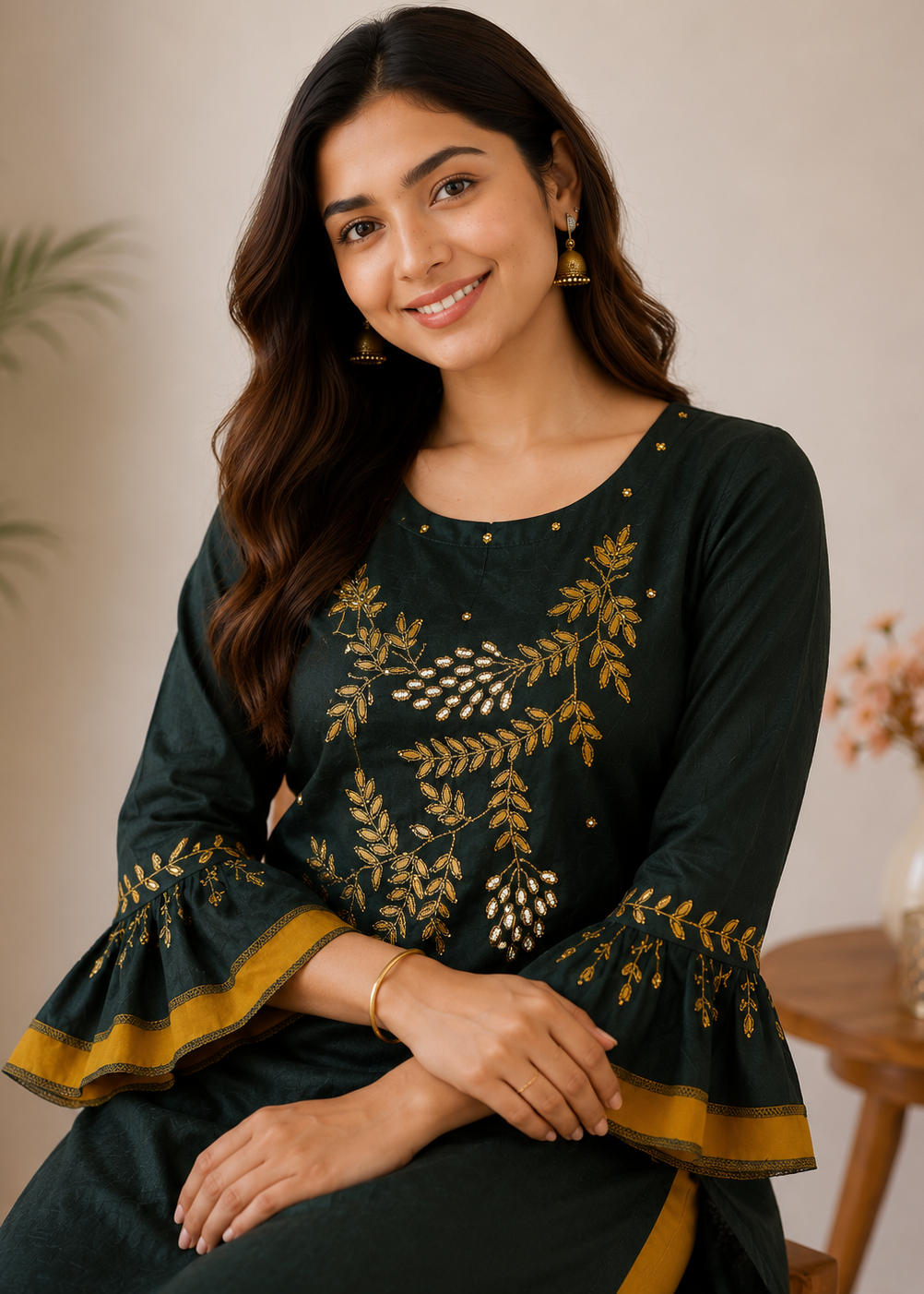 Emerald Green Embroidered Kurta Set with Mustard Pants