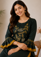 Emerald Green Embroidered Kurta Set with Mustard Pants