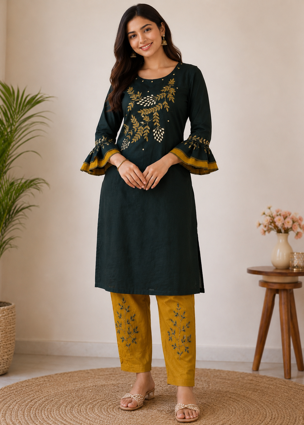 Emerald Green Embroidered Kurta Set with Mustard Pants