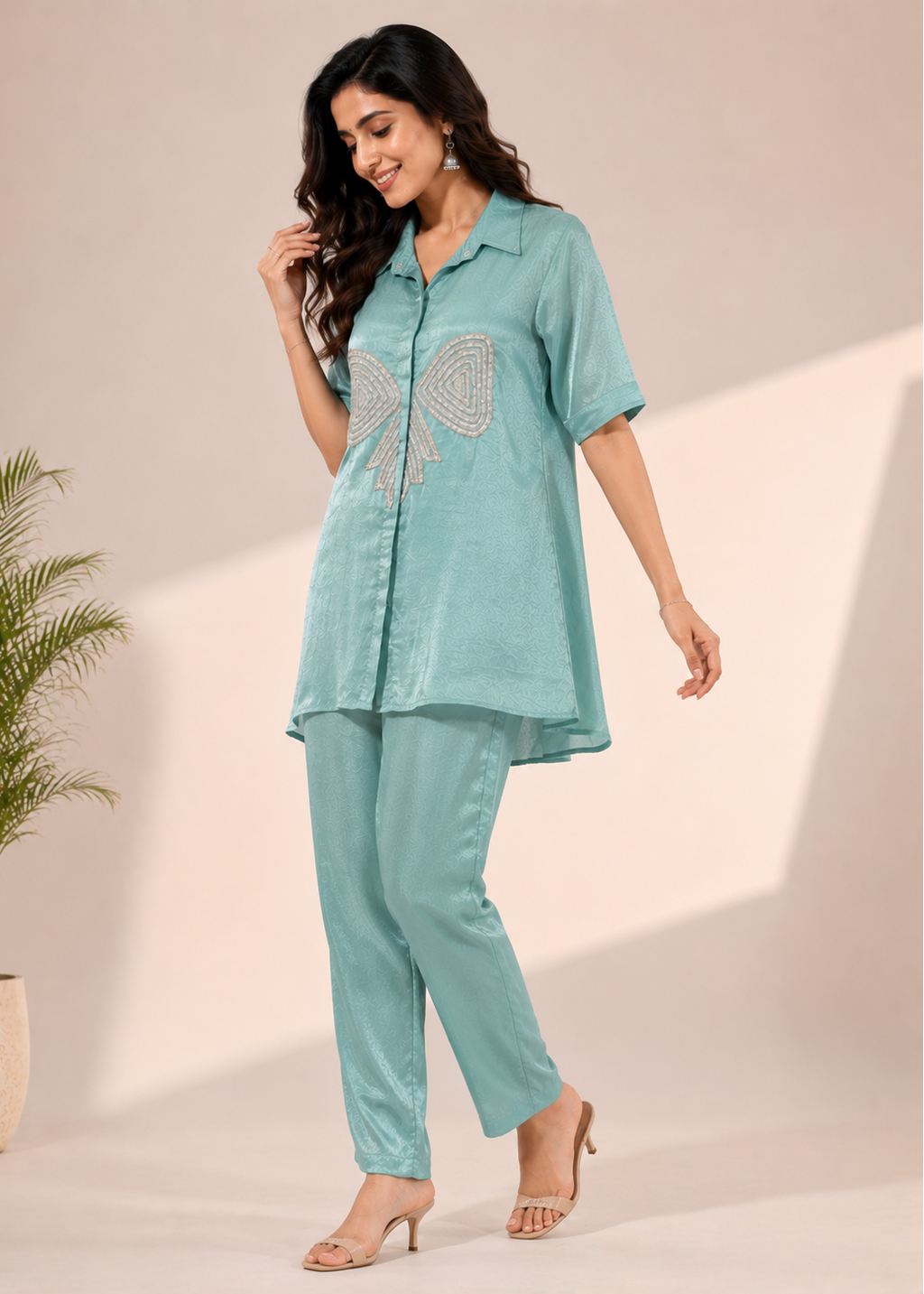 Sea Green Chinon Chiffon Co-Ord Set with Pearl Bow Embellishment