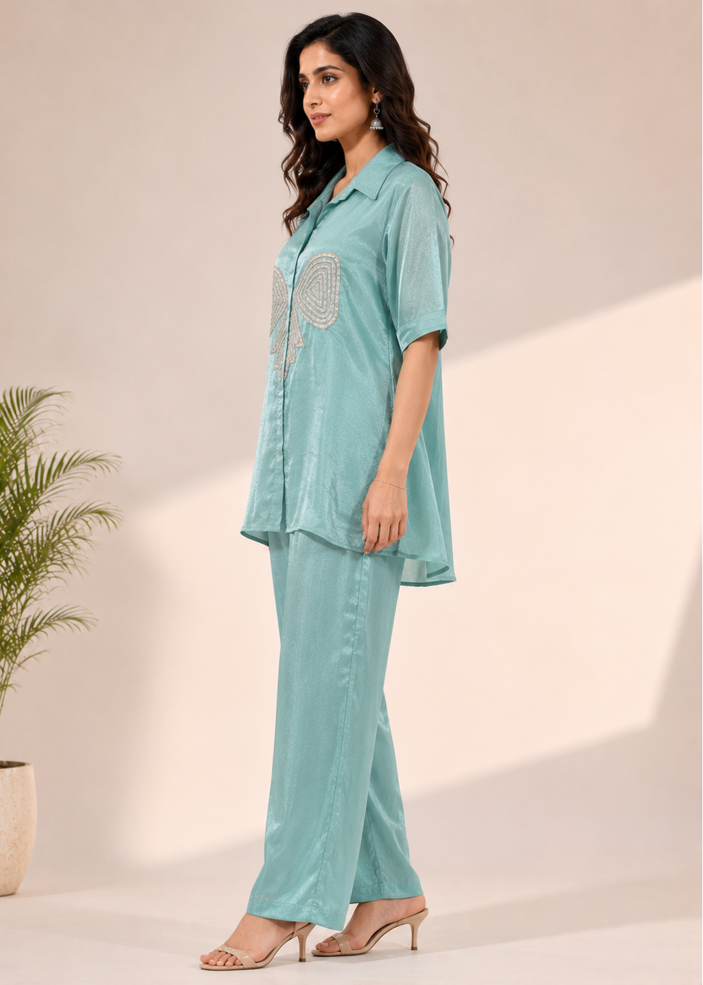 Sea Green Chinon Chiffon Co-Ord Set with Pearl Bow Embellishment
