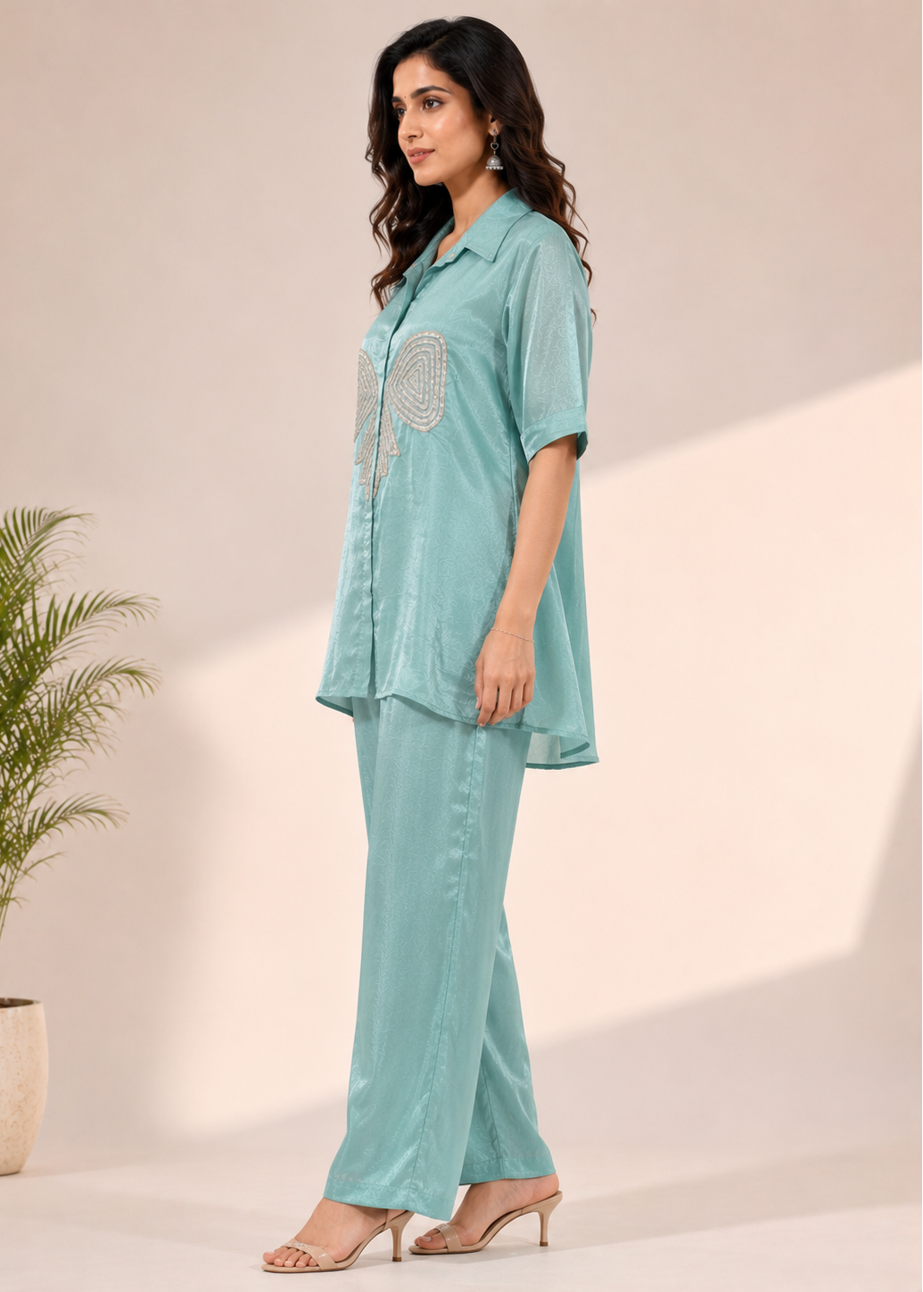 Sea Green Chinon Chiffon Co-Ord Set with Pearl Bow Embellishment