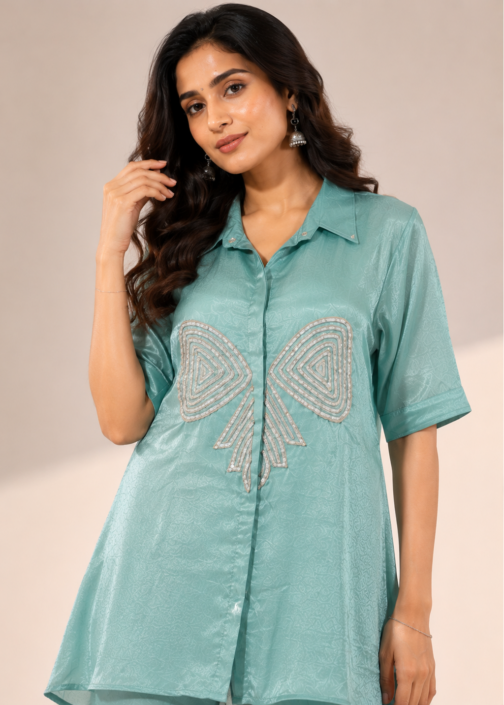 Sea Green Chinon Chiffon Co-Ord Set with Pearl Bow Embellishment