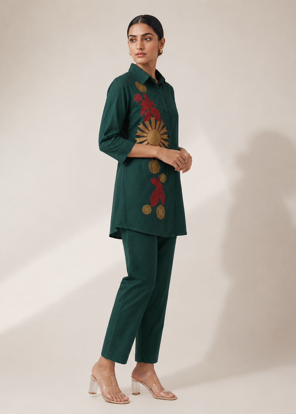 Bottle Green Gazzi Cotton Co-Ord Set with Floral Embroidery Work