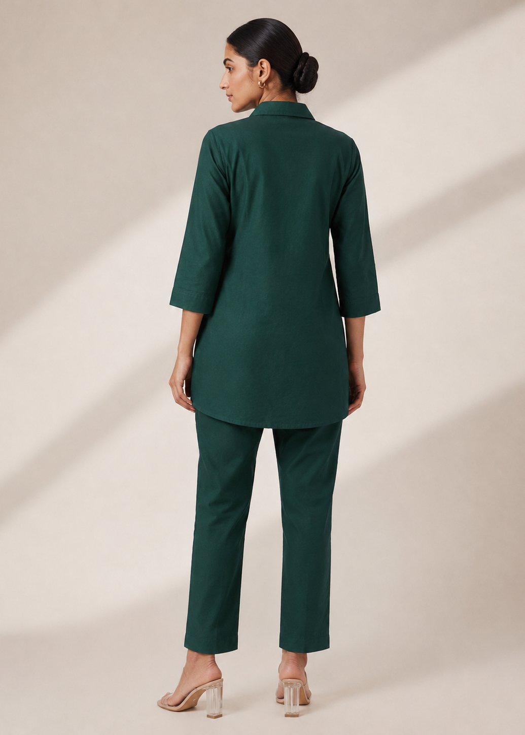 Bottle Green Gazzi Cotton Co-Ord Set with Floral Embroidery Work