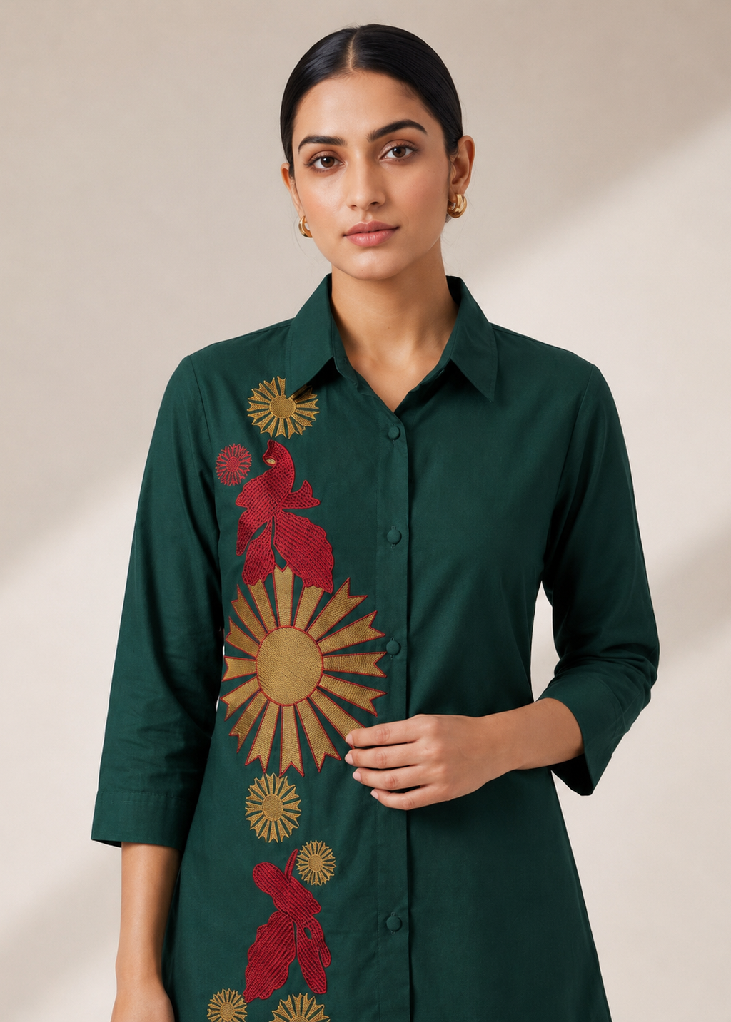 Bottle Green Gazzi Cotton Co-Ord Set with Floral Embroidery Work