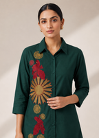 Bottle Green Gazzi Cotton Co-Ord Set with Floral Embroidery Work