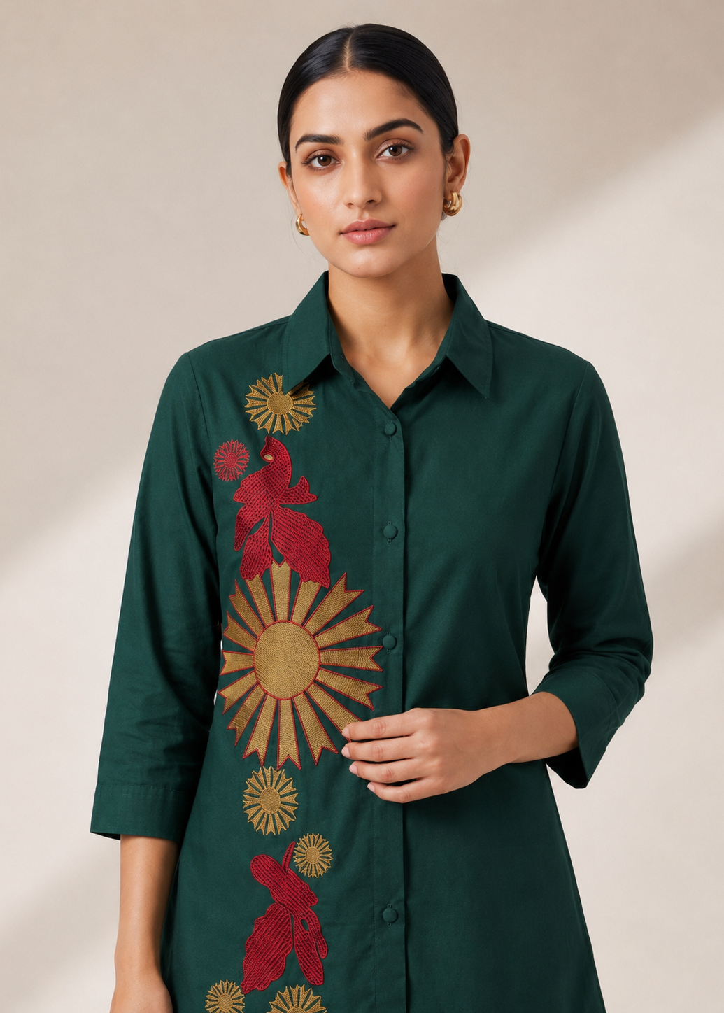 Bottle Green Gazzi Cotton Co-Ord Set with Floral Embroidery Work