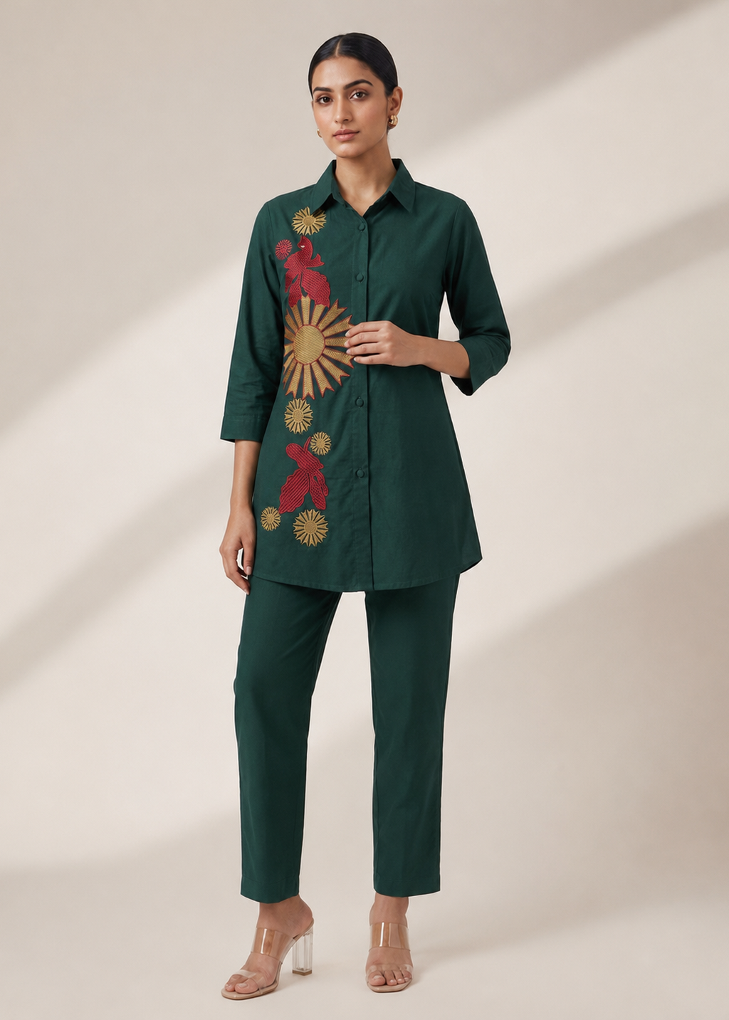 Bottle Green Gazzi Cotton Co-Ord Set with Floral Embroidery Work