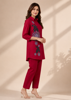Ruby Red Gazzi Cotton Co-Ord Set with Floral Embroidery Work