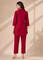 Ruby Red Gazzi Cotton Co-Ord Set with Floral Embroidery Work