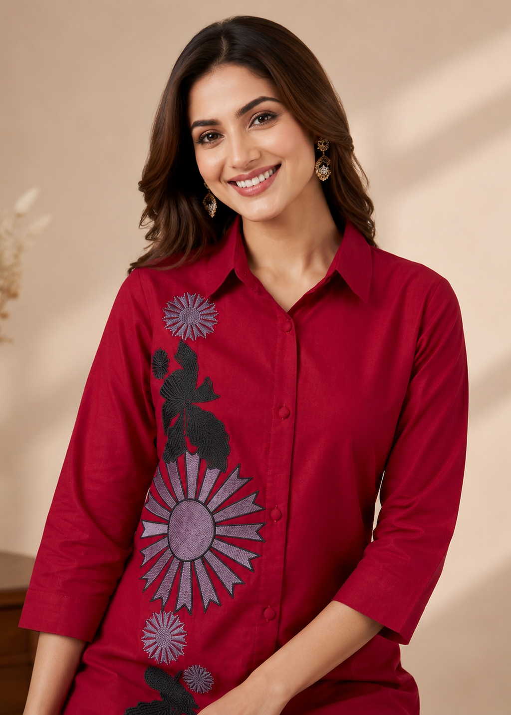 Ruby Red Gazzi Cotton Co-Ord Set with Floral Embroidery Work