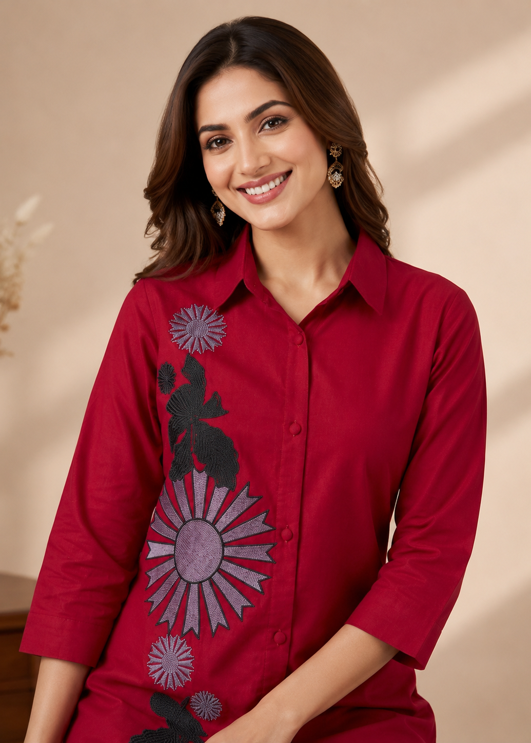 Ruby Red Gazzi Cotton Co-Ord Set with Floral Embroidery Work